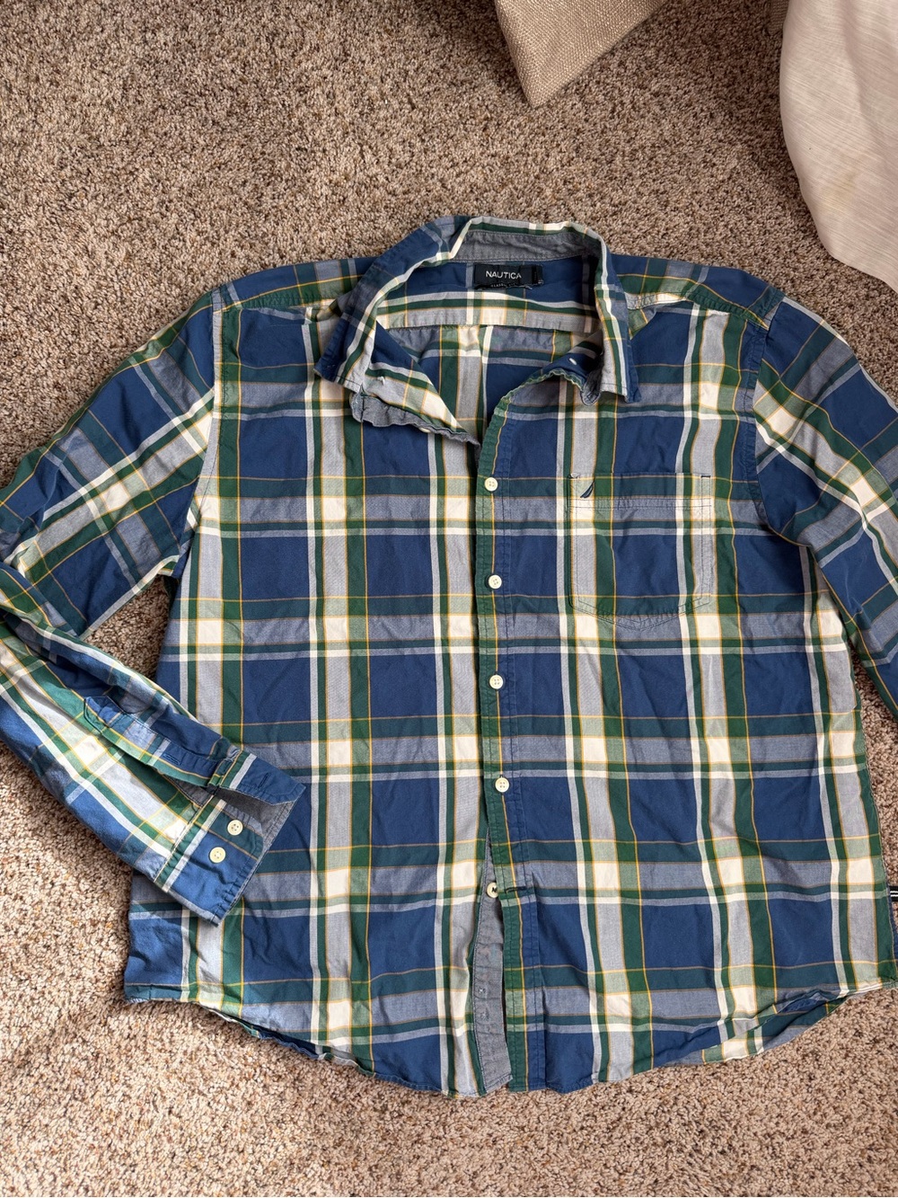 Nautica Blue, Green & White Plaid Long-Sleeve Button-Down Shirt